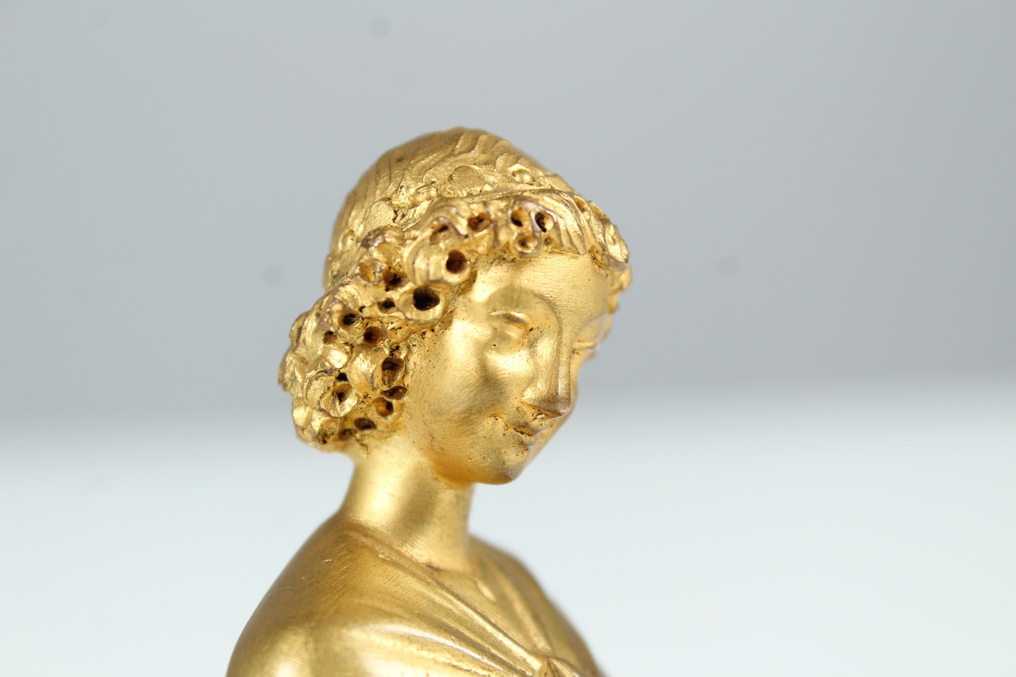 Antique Bronze Doré Miniature Bust, Smile of Reims Angel, Signed, Gilded, 1870s For Sale 2