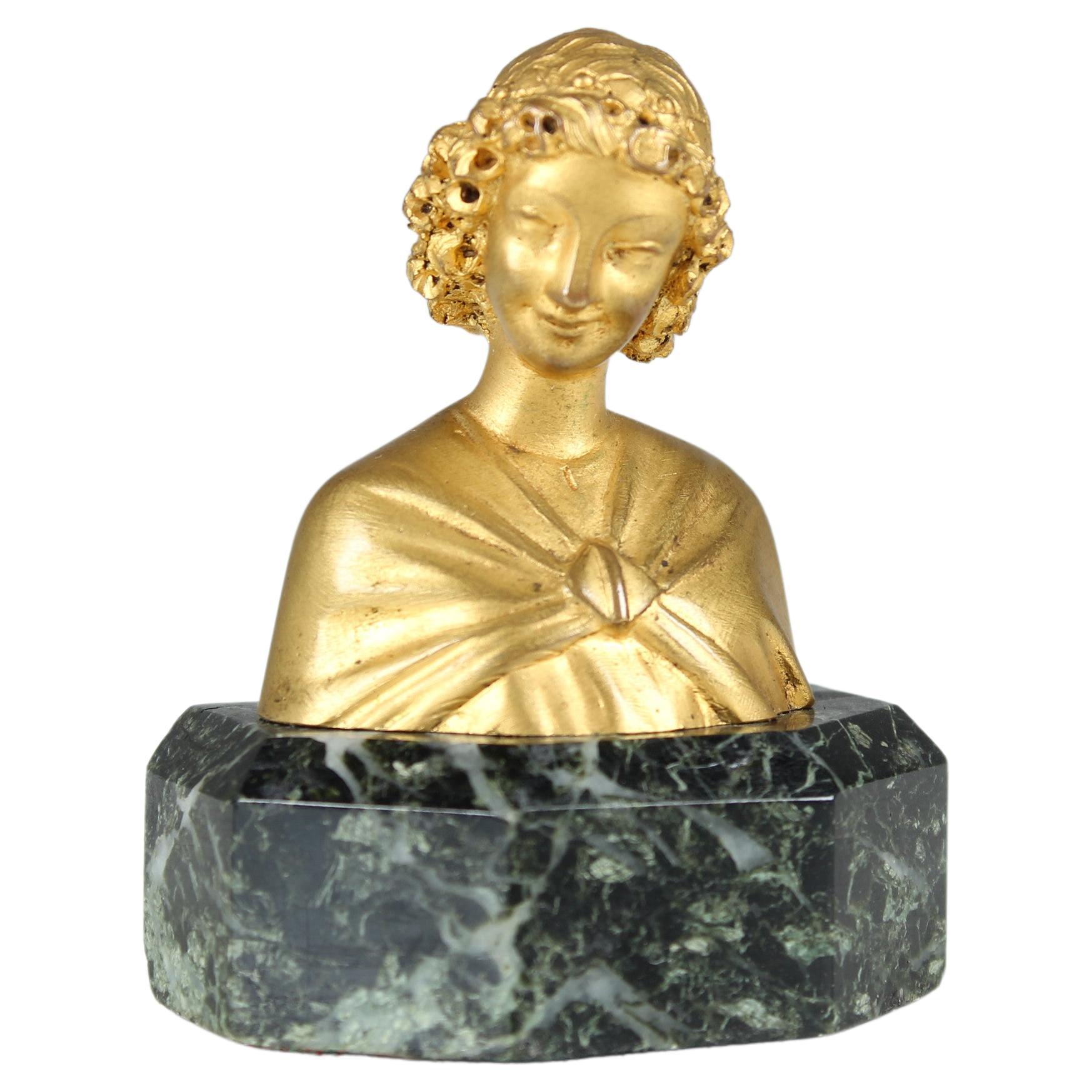Antique Bronze Doré Miniature Bust, Smile of Reims Angel, Signed, Gilded, 1870s For Sale
