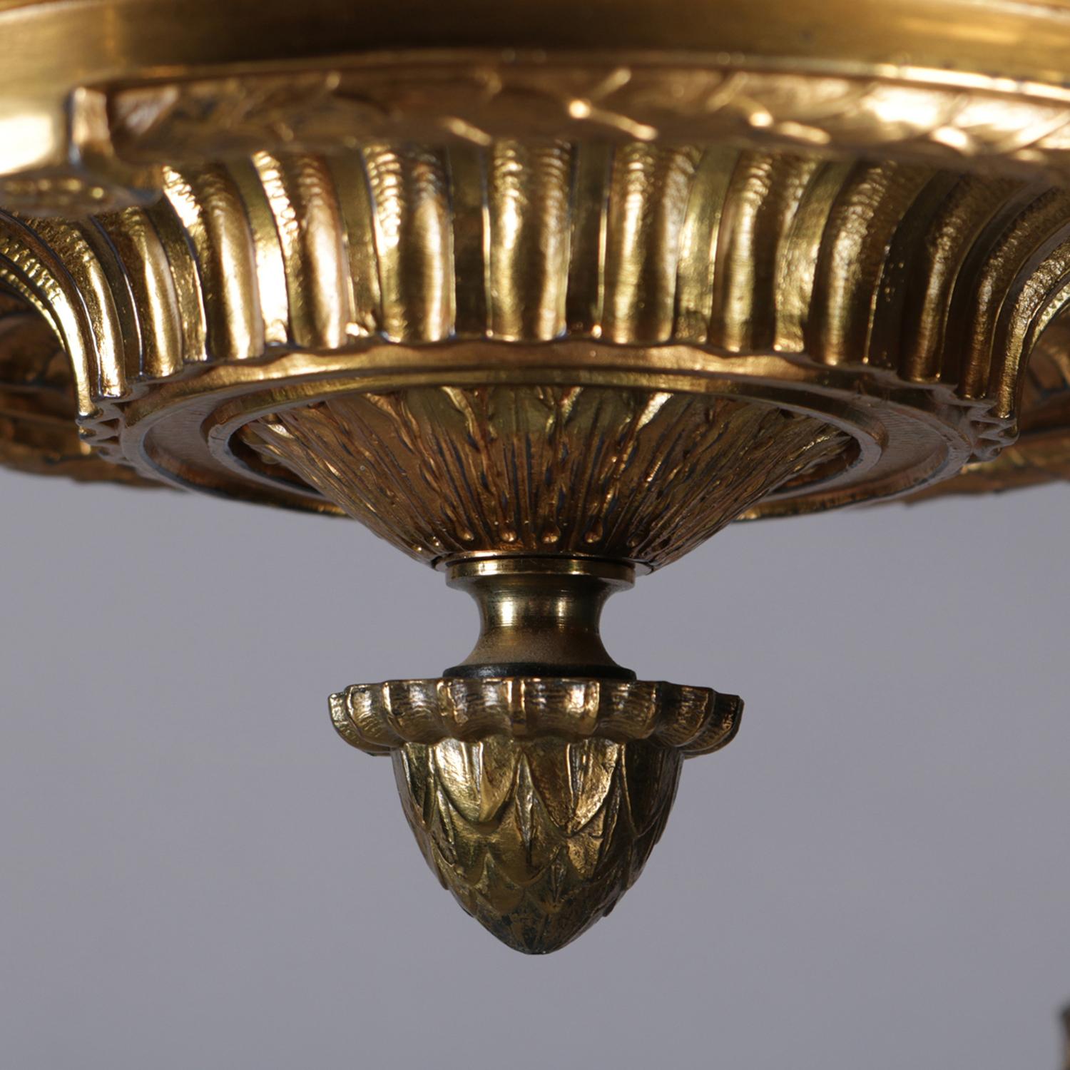 American Antique Bronze Drop Light Chandelier, Etched Opalescent Glass Shades, circa 1920