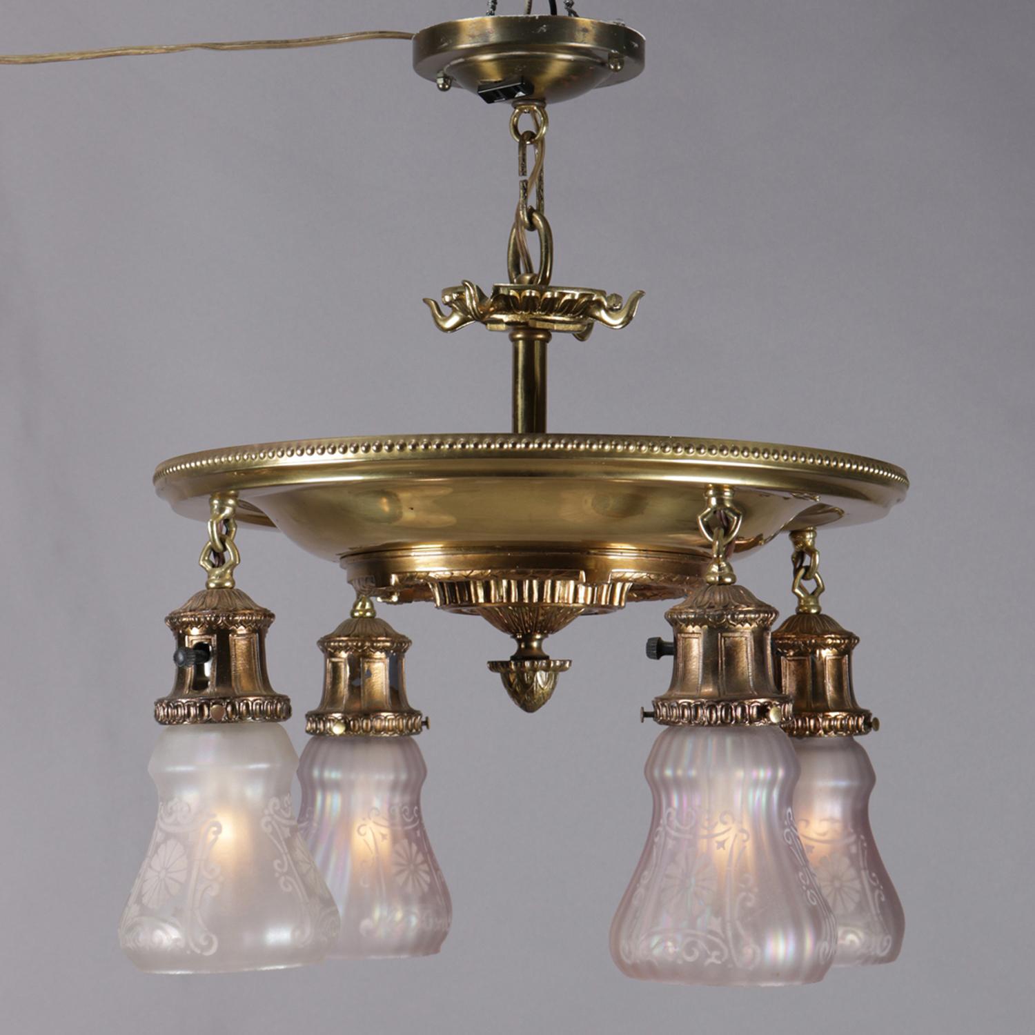 Antique Bronze Drop Light Chandelier, Etched Opalescent Glass Shades, circa 1920 In Good Condition In Big Flats, NY