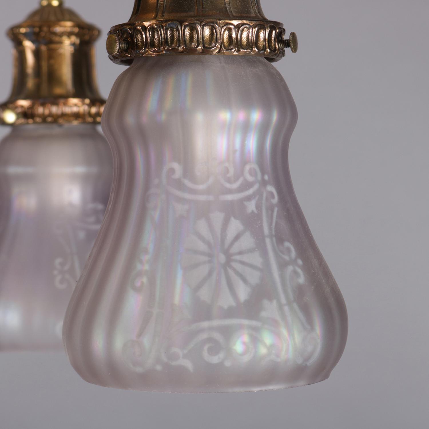 20th Century Antique Bronze Drop Light Chandelier, Etched Opalescent Glass Shades, circa 1920