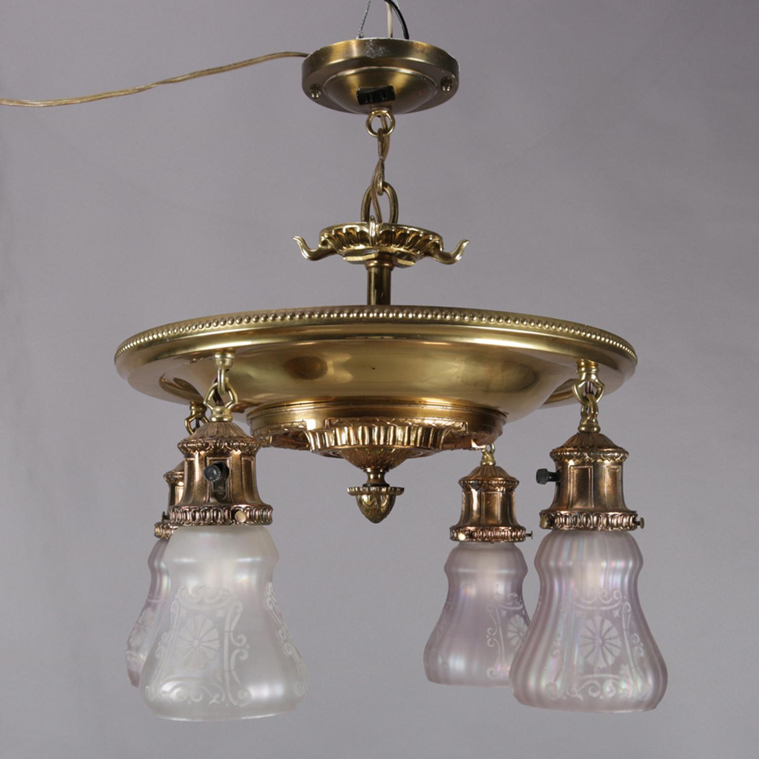 Antique Bronze Drop Light Chandelier, Etched Opalescent Glass Shades, circa 1920 1
