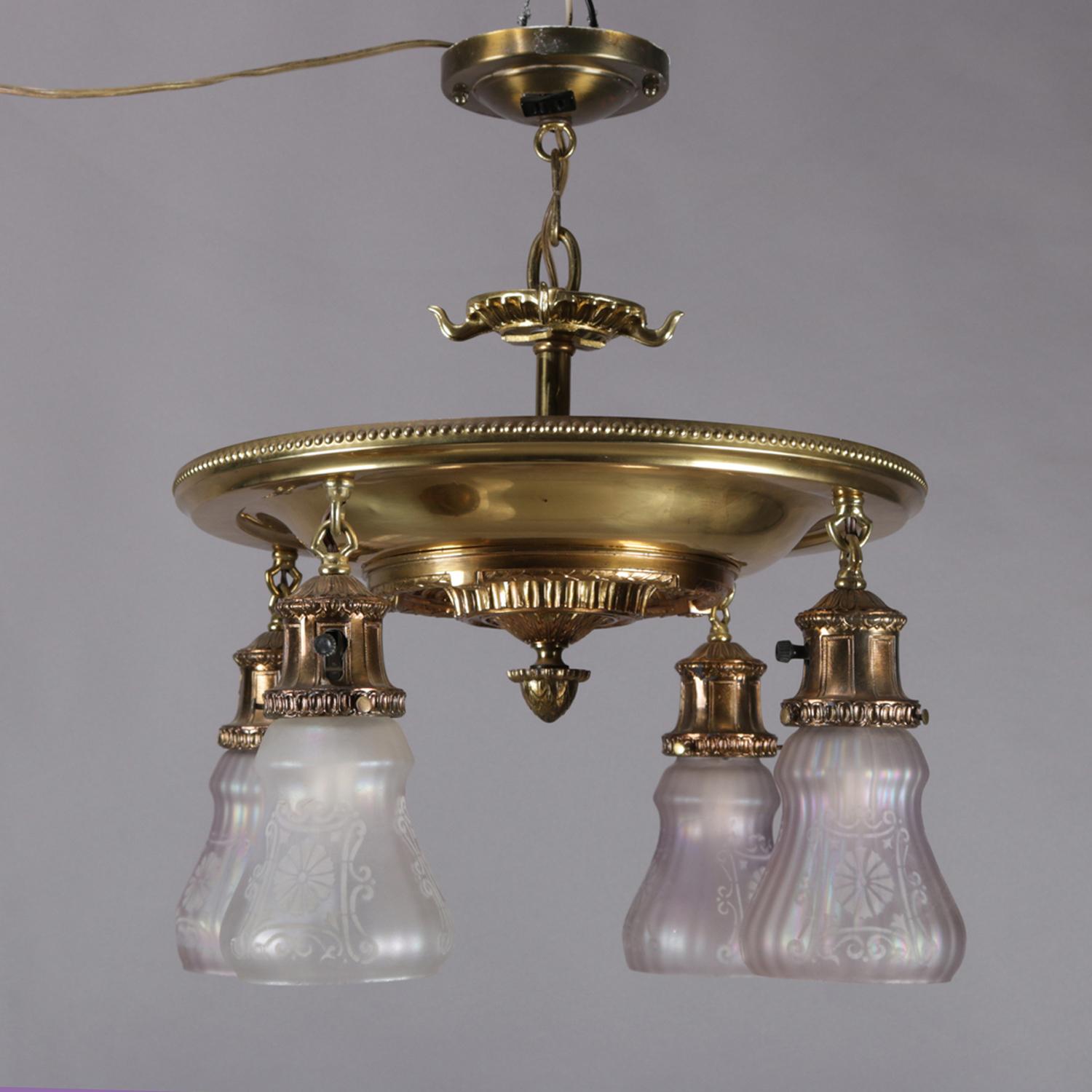 Antique Bronze Drop Light Chandelier, Etched Opalescent Glass Shades, circa 1920 3