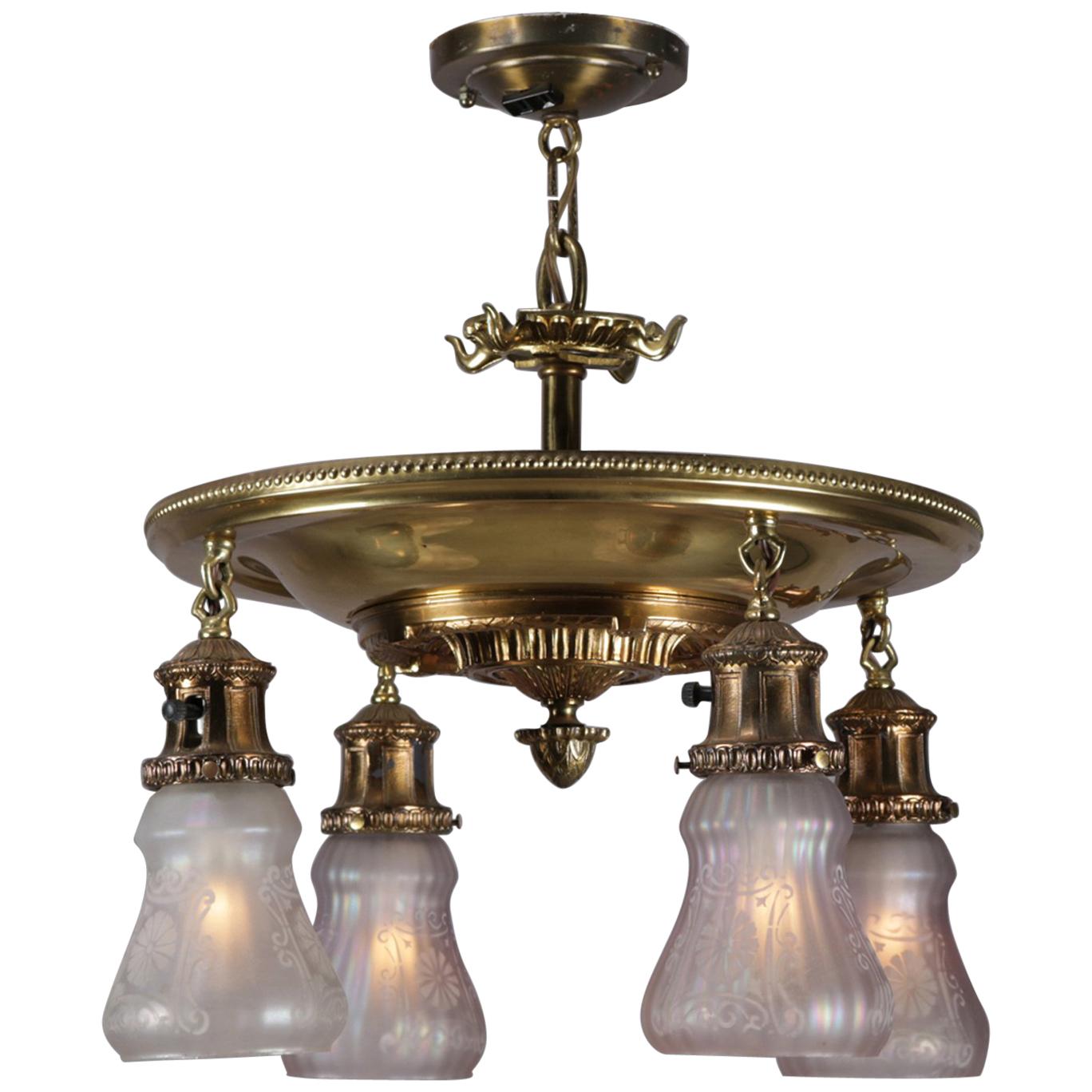 Antique Bronze Drop Light Chandelier, Etched Opalescent Glass Shades, circa 1920