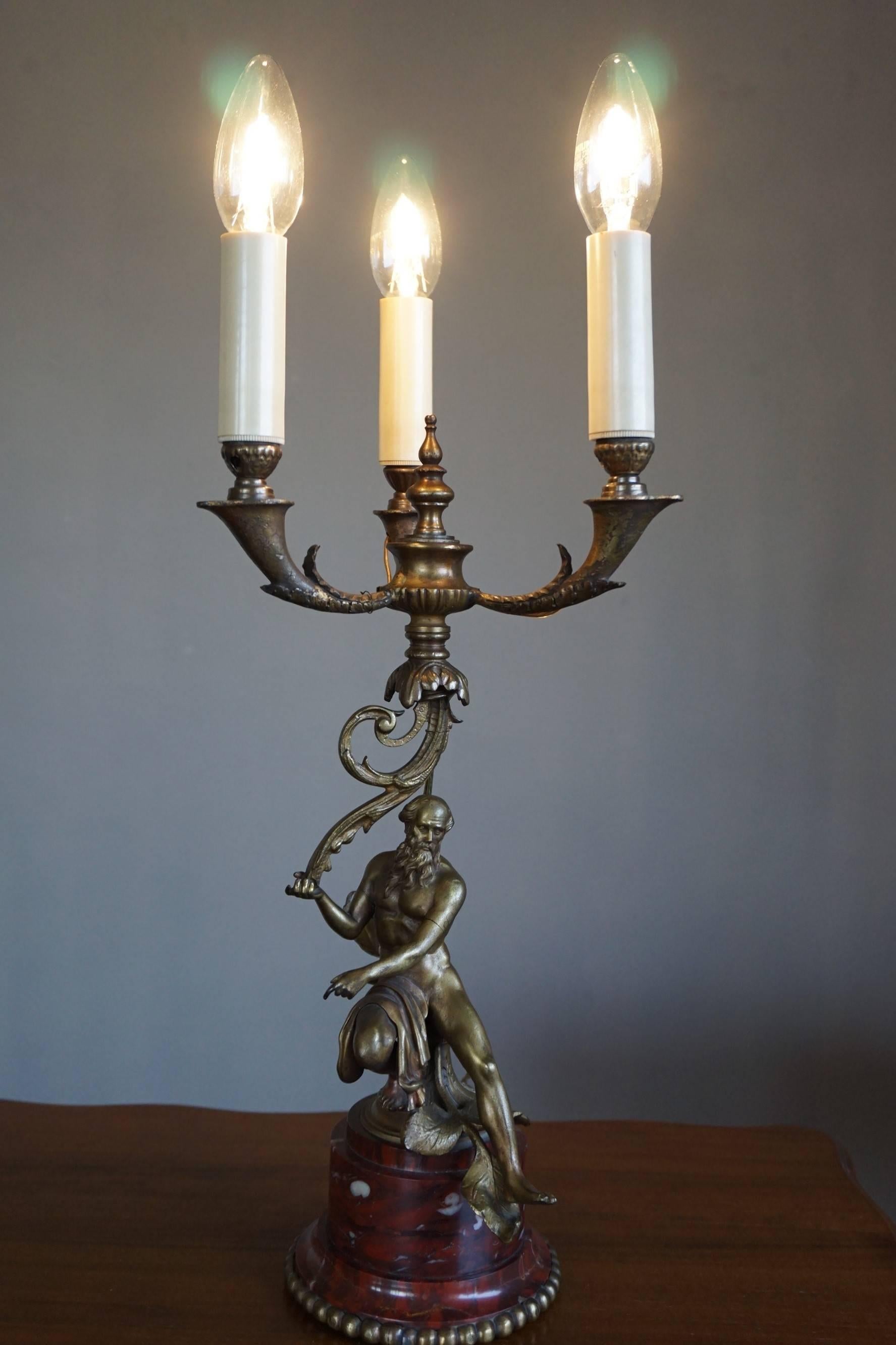 20th Century Antique Bronze Empire Style Table Lamp with a Nude Zeus Sculpture on Marble Base For Sale