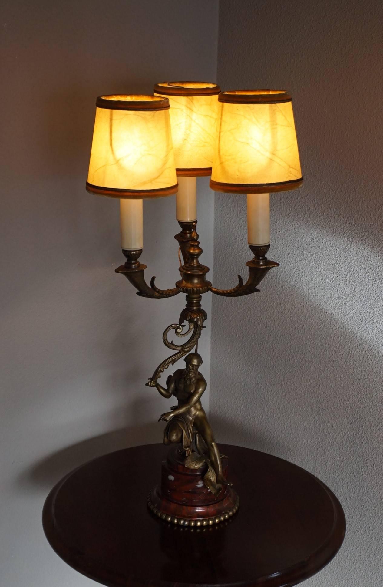 Antique Bronze Empire Style Table Lamp with a Nude Zeus Sculpture on Marble Base For Sale 7