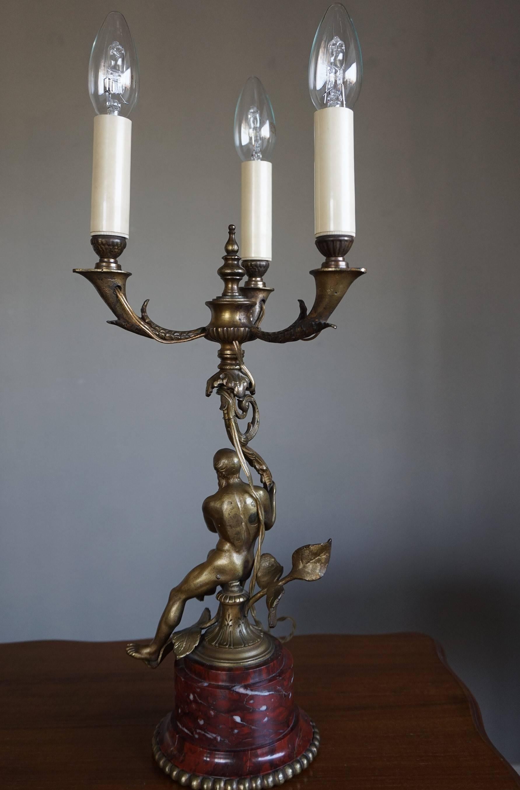 Hand-Crafted Antique Bronze Empire Style Table Lamp with a Nude Zeus Sculpture on Marble Base For Sale