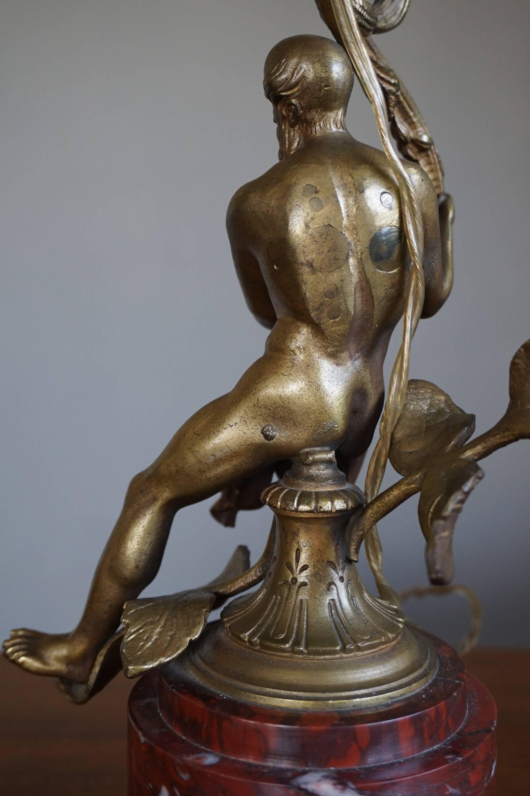 Antique Bronze Empire Style Table Lamp with a Nude Zeus Sculpture on Marble Base In Excellent Condition For Sale In Lisse, NL