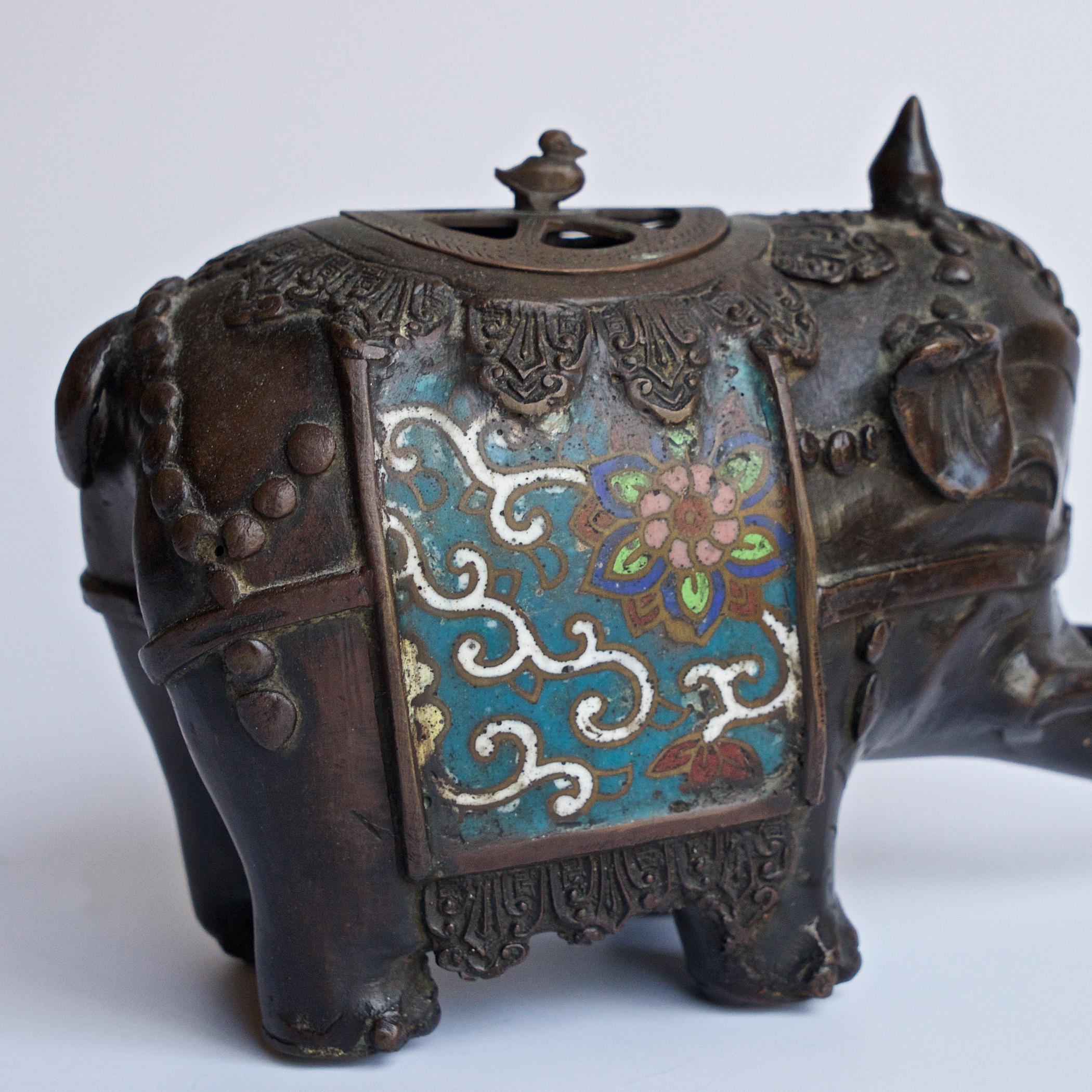 Antique Bronze Enamel Elephant Incense Sculpture Cloissone Champleve For Sale 5