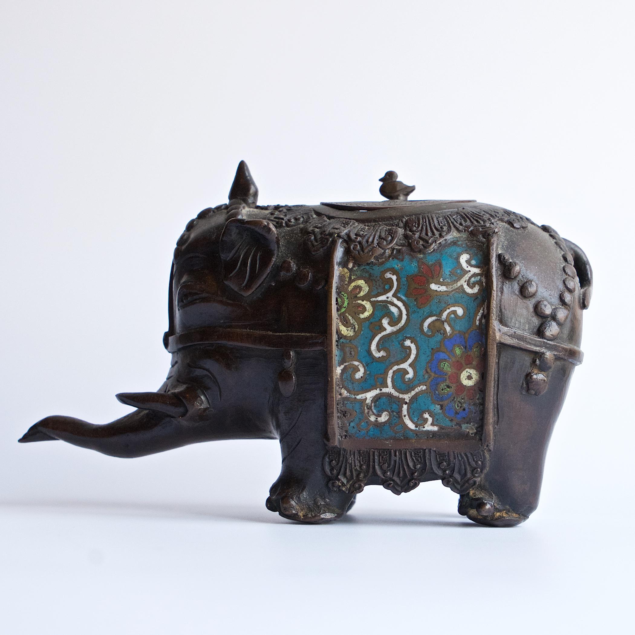 Japanese Antique Bronze Enamel Elephant Incense Sculpture Cloissone Champleve For Sale