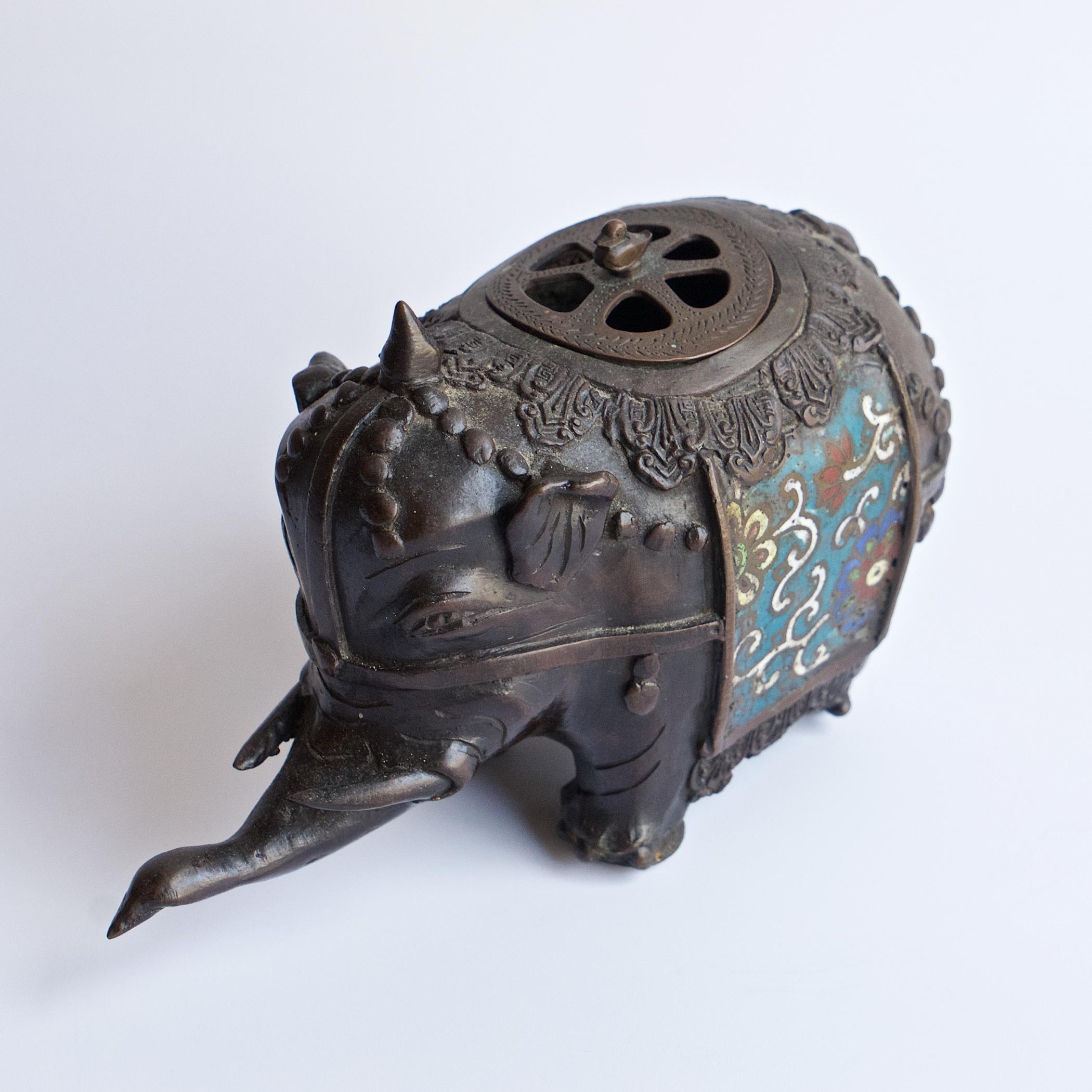 Cast Antique Bronze Enamel Elephant Incense Sculpture Cloissone Champleve For Sale