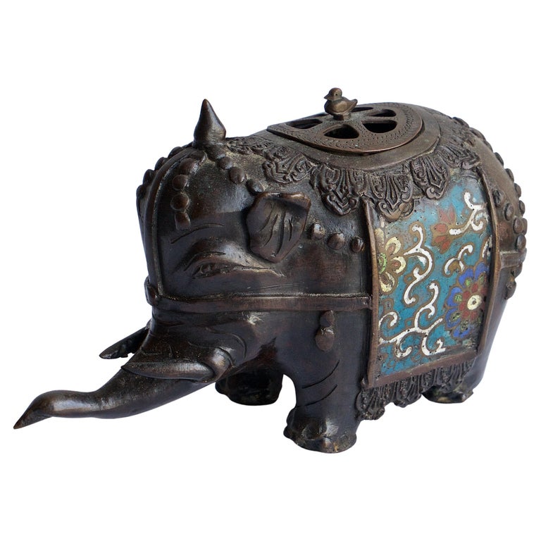 Antique Bronze Enamel Elephant Incense Sculpture Cloissone Champleve For Sale at 1stDibs