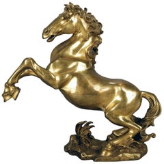 Antique Bronze Equine Portrait Sculpture of Rearing Stallion, Signed, circa 1900