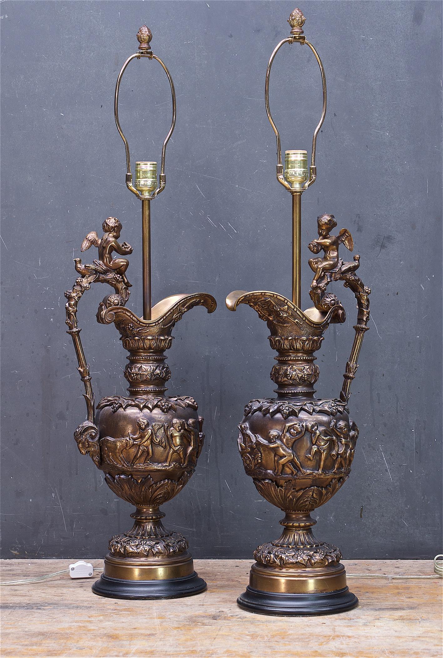 Greco Roman Antique Bronze Ewers Bacchus Table Lamps Maximalist Luxury Neoclassical For Sale