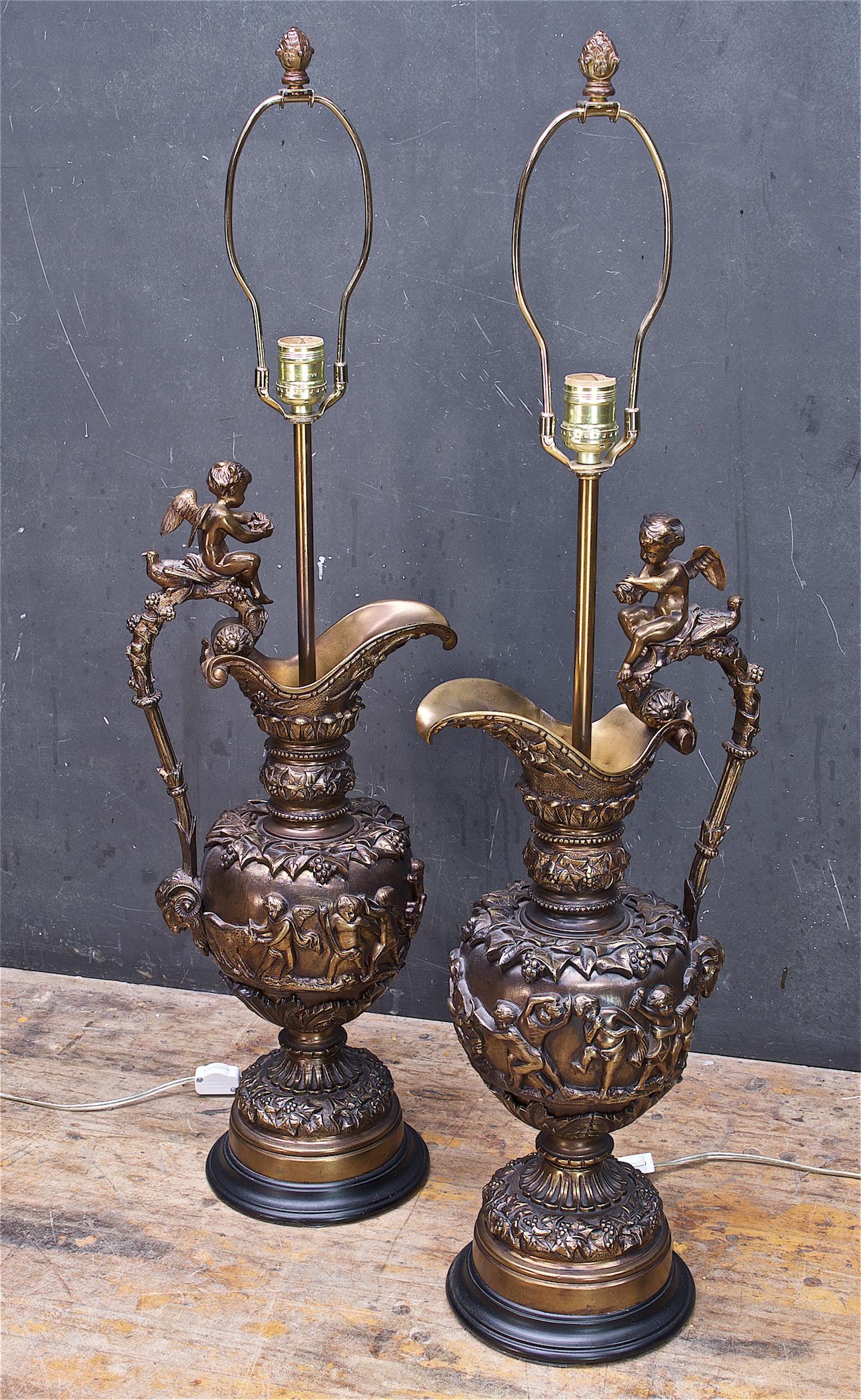 French Antique Bronze Ewers Bacchus Table Lamps Maximalist Luxury Neoclassical For Sale