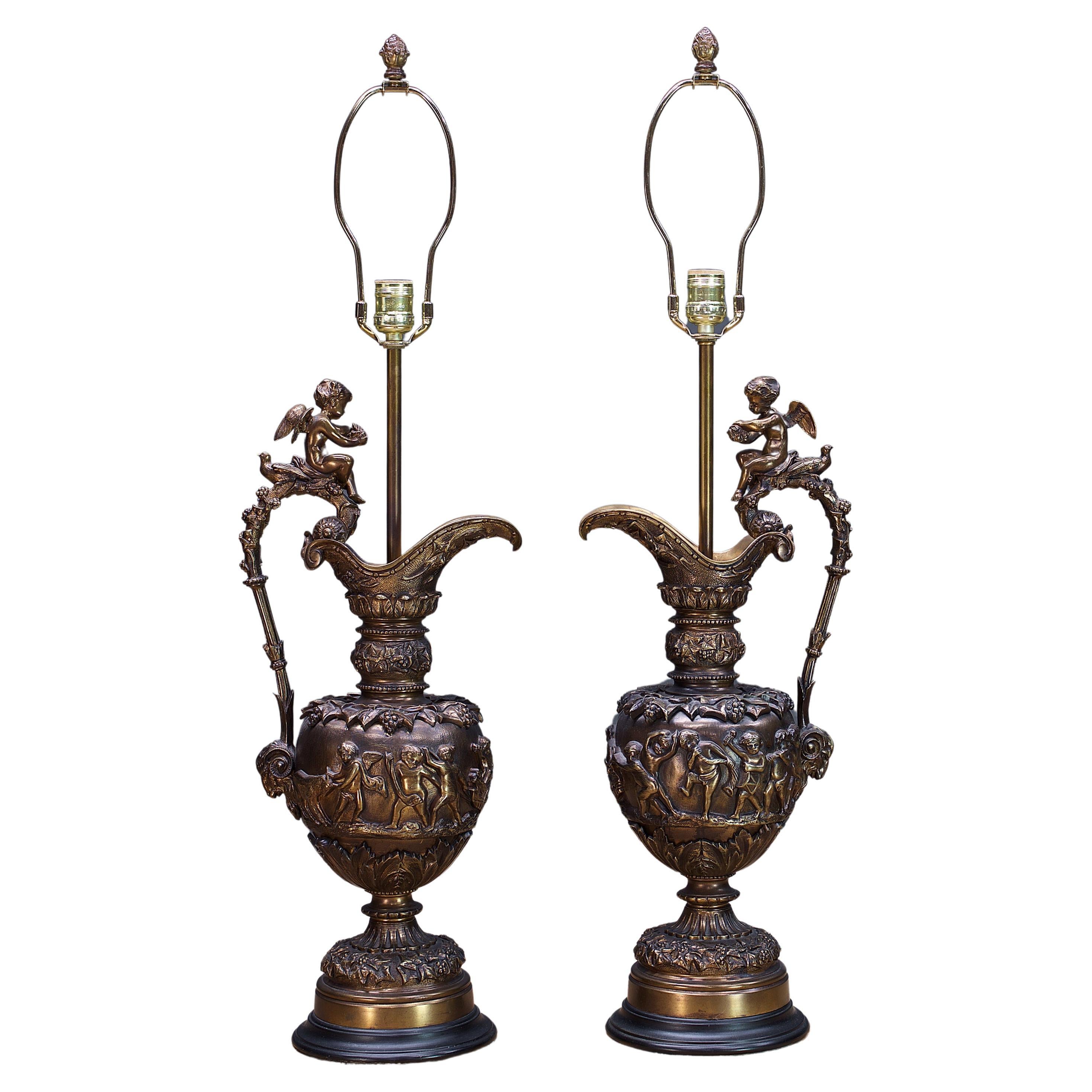 Antique Bronze Ewers Bacchus Table Lamps Maximalist Luxury Neoclassical For Sale