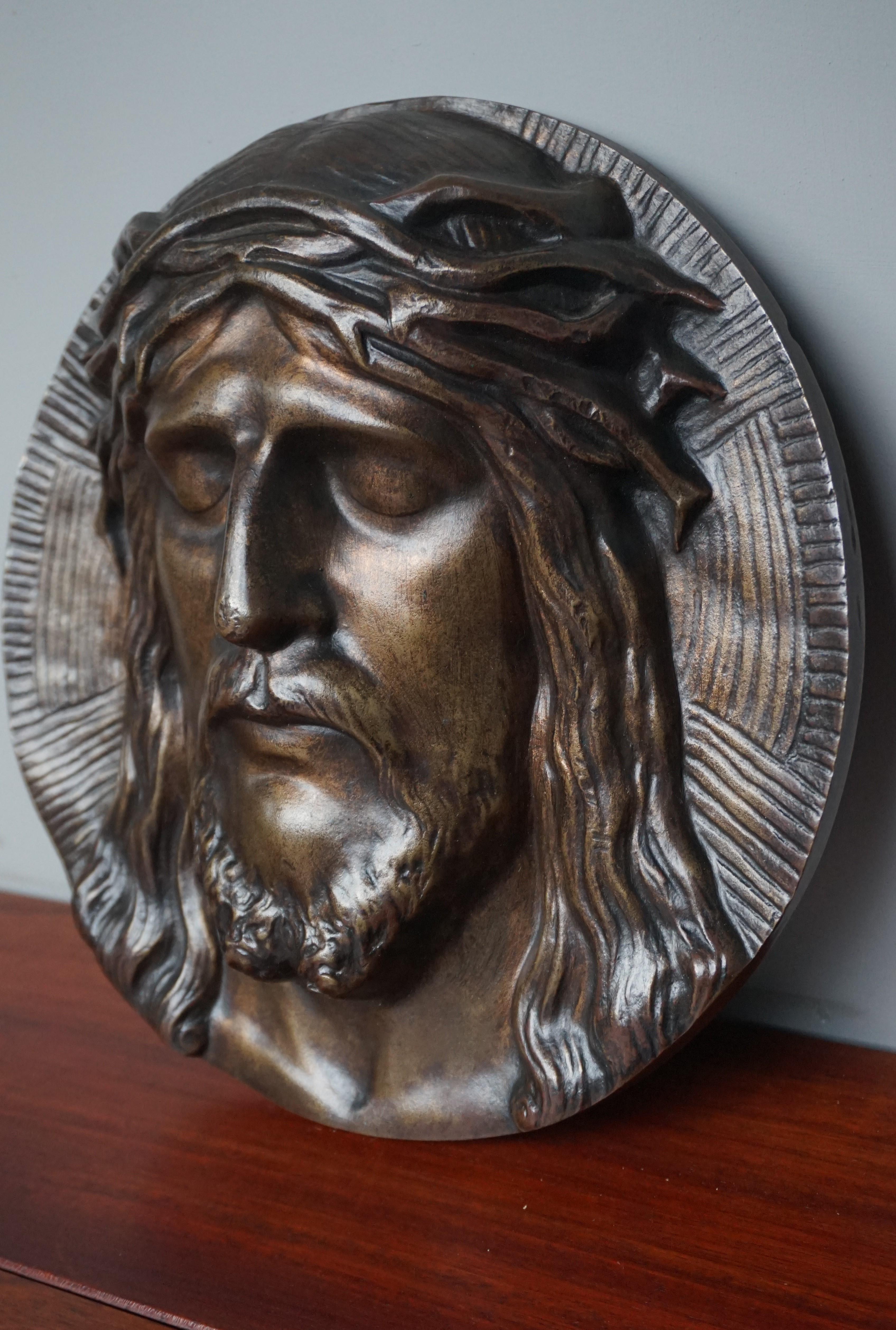 20th Century Bronze Face of Christ Wall Plaque Sculpture with The Best Ever Closed Eyes