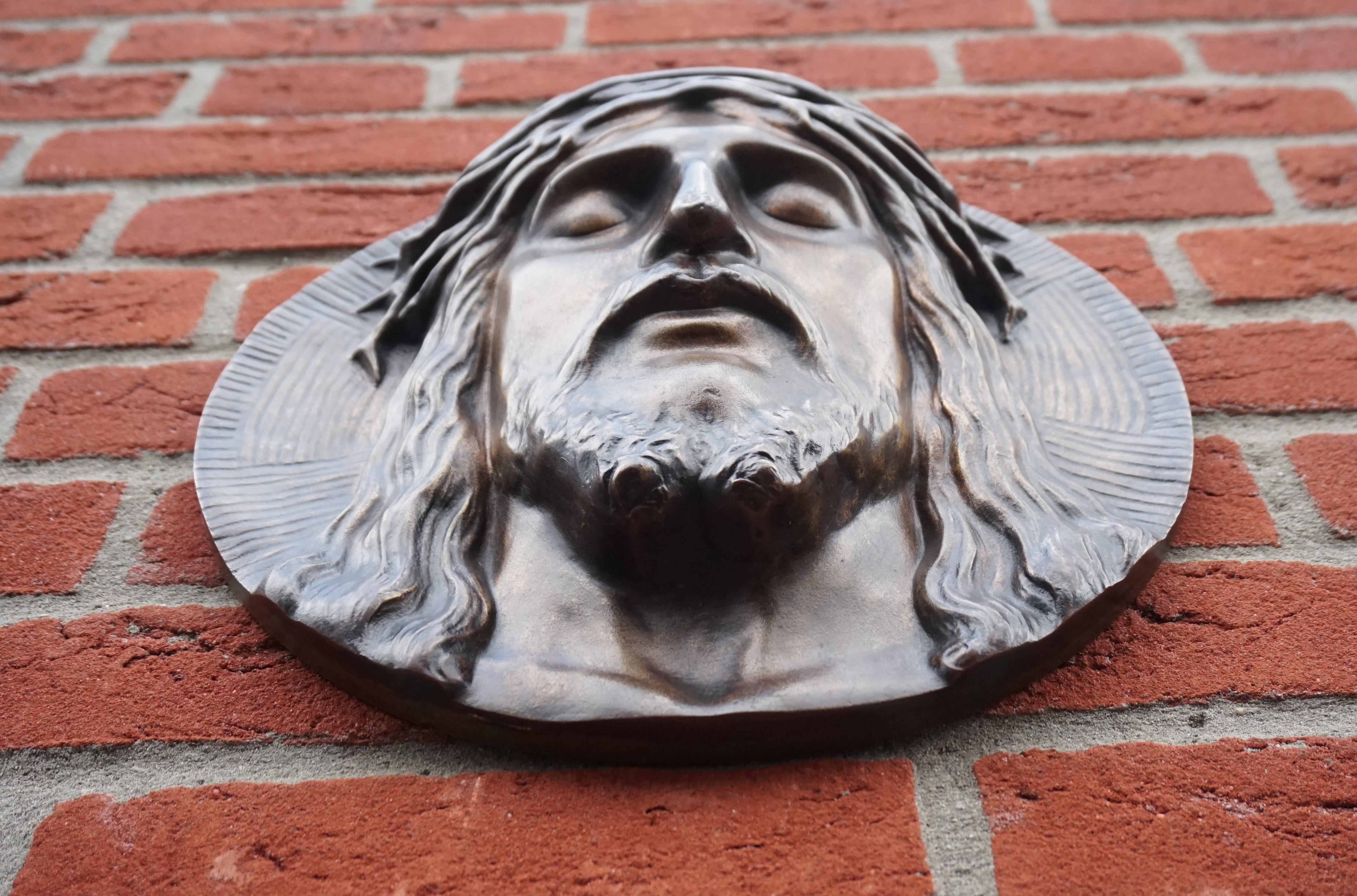 Arts and Crafts Bronze Face of Christ Wall Plaque Sculpture with The Best Ever Closed Eyes