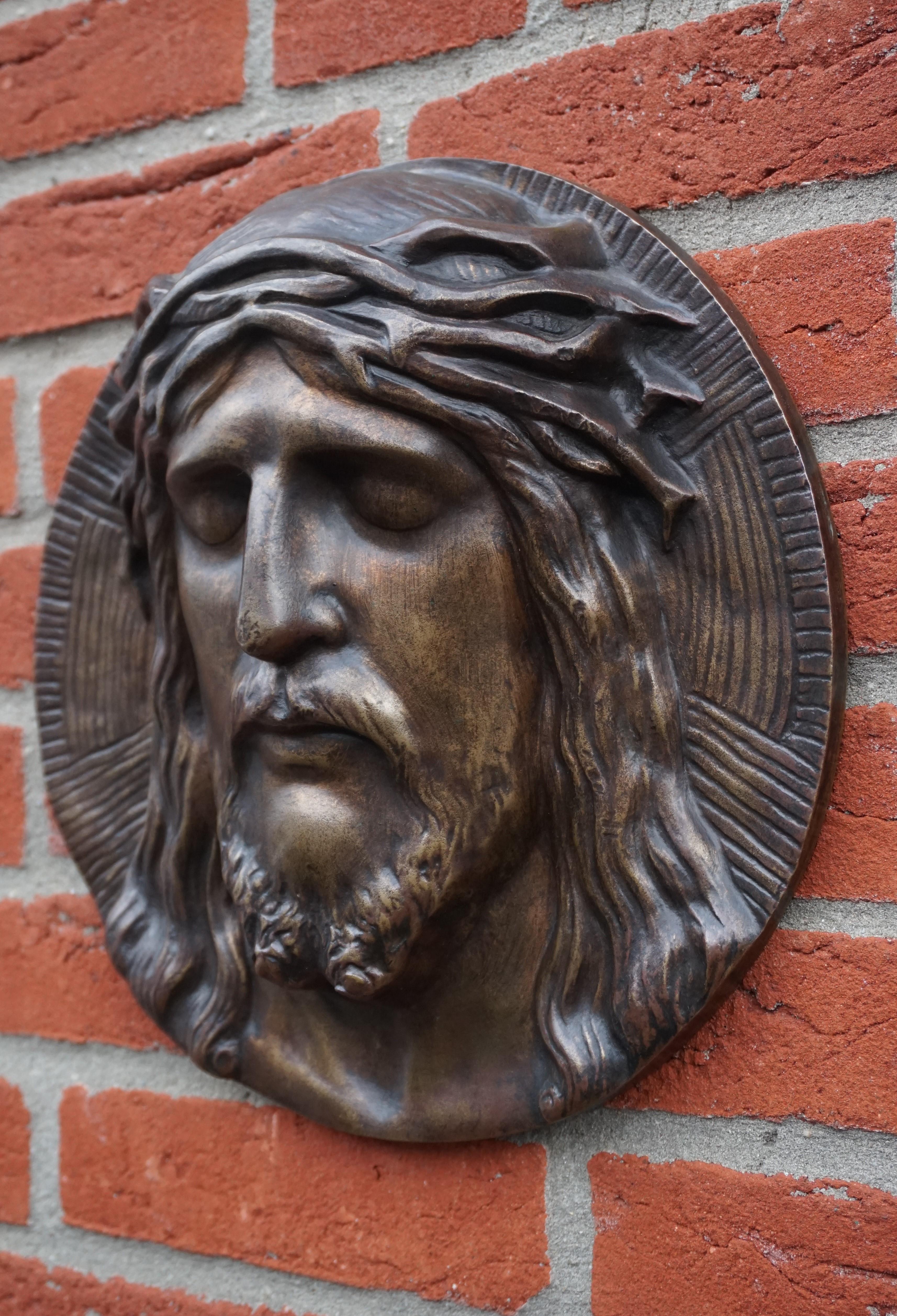 European Bronze Face of Christ Wall Plaque Sculpture with The Best Ever Closed Eyes