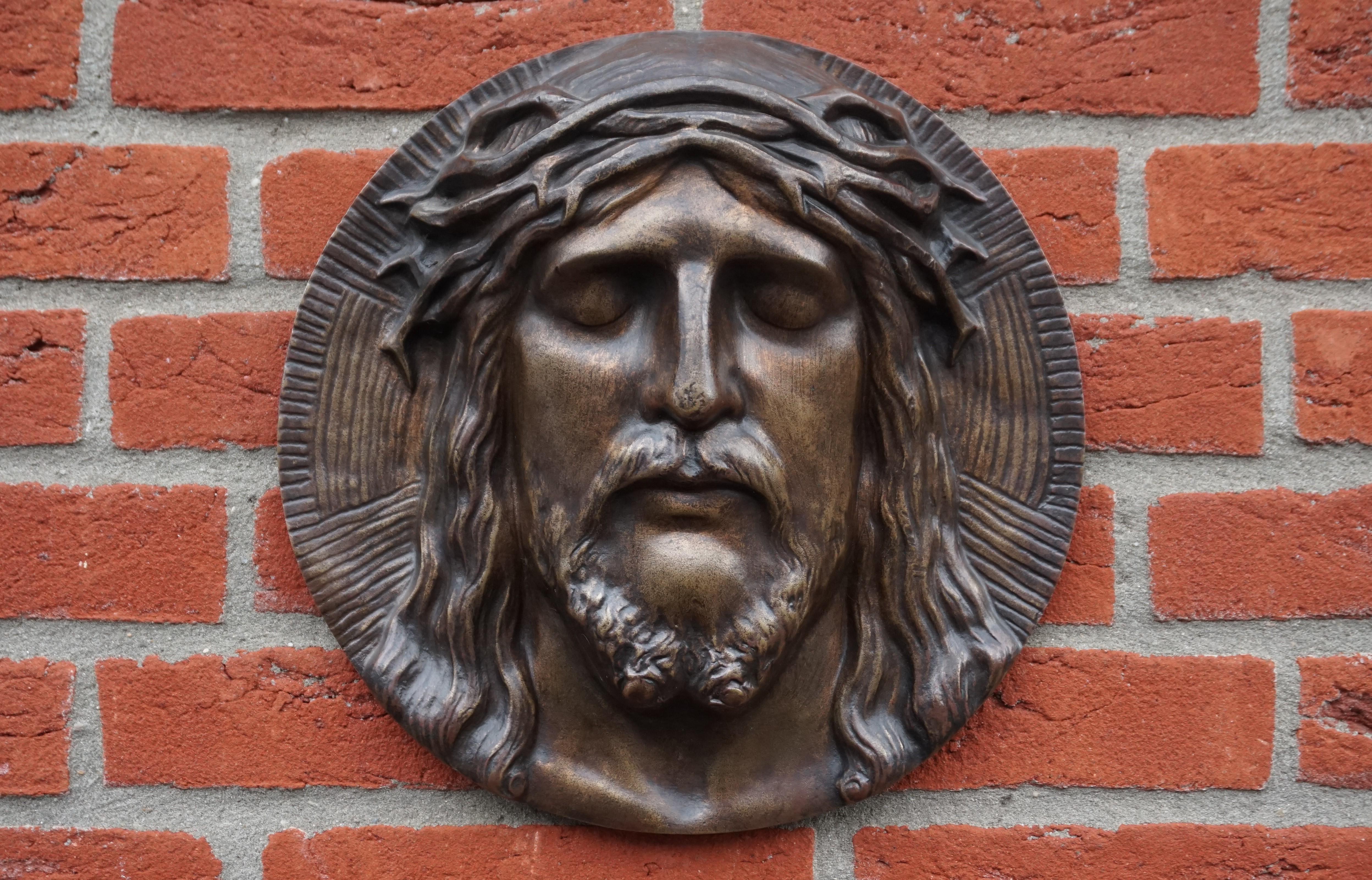 Patinated Bronze Face of Christ Wall Plaque Sculpture with The Best Ever Closed Eyes
