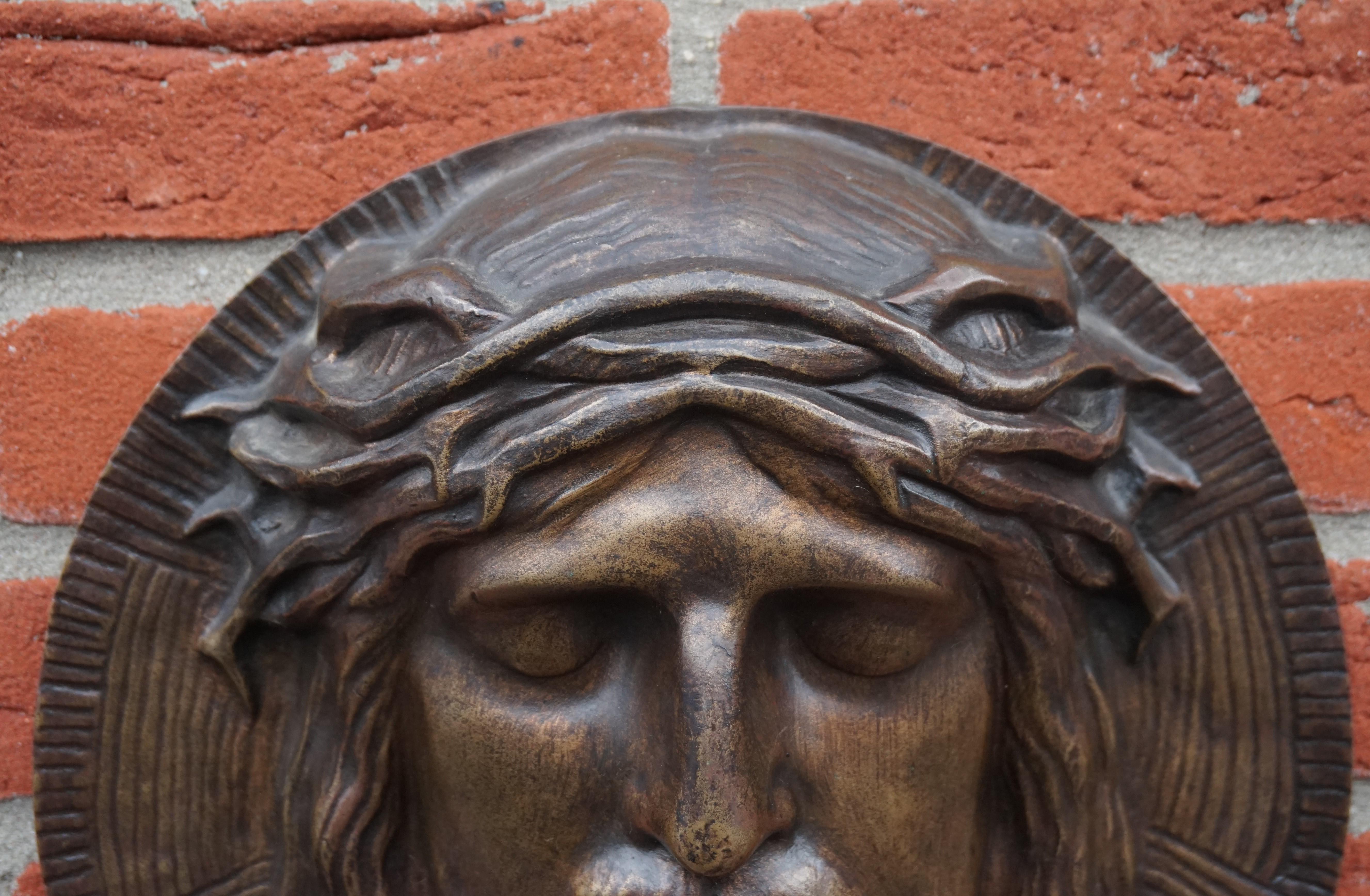 Bronze Face of Christ Wall Plaque Sculpture with The Best Ever Closed Eyes In Good Condition In Lisse, NL
