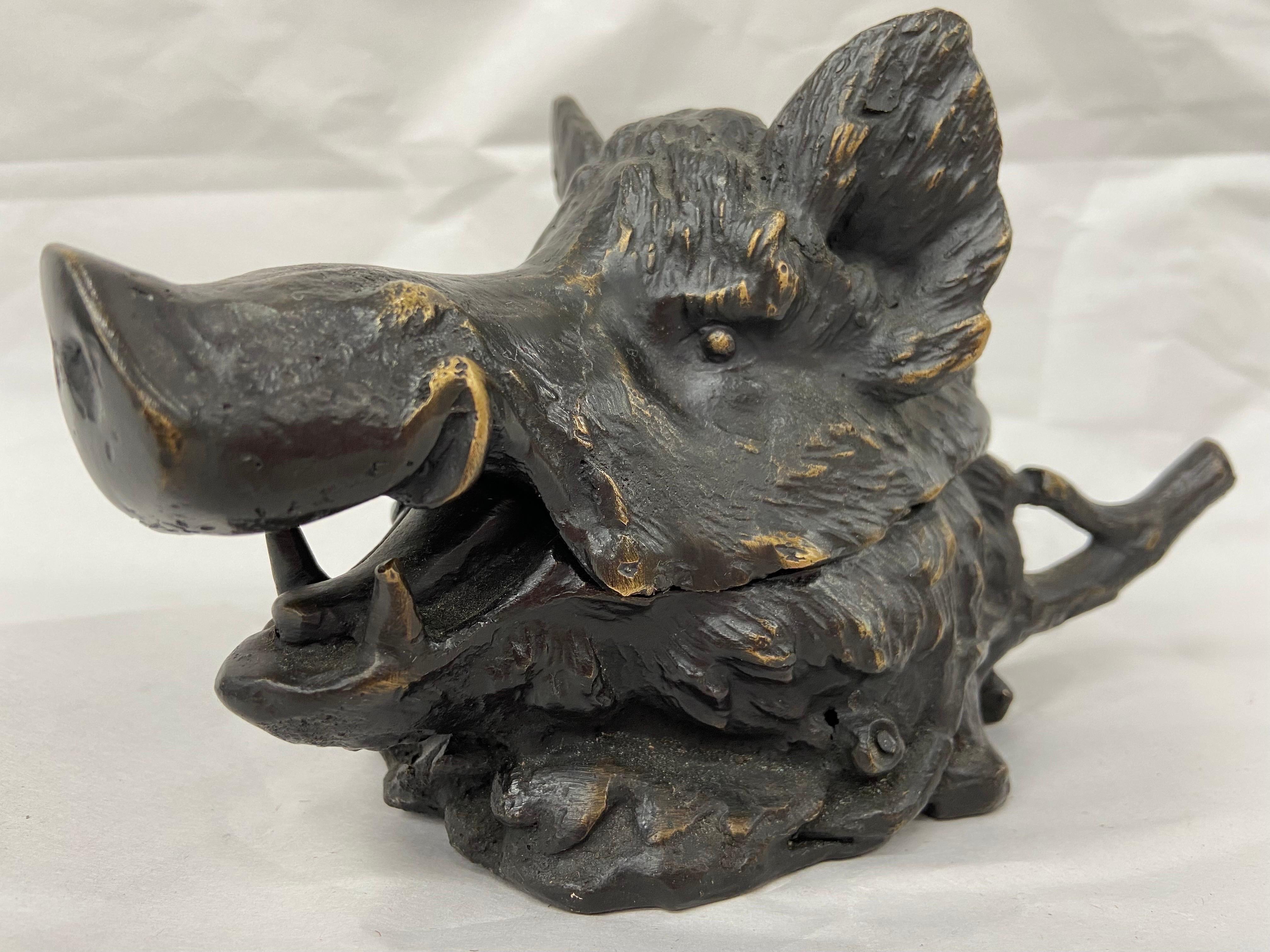 Cast Antique Bronze Figural Boar Sculptural Inkwell Signed Barrie Design by Fratin