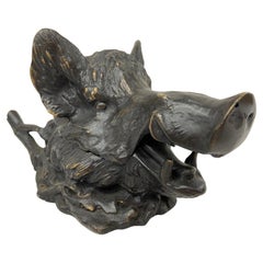 Antique Bronze Figural Boar Sculptural Inkwell Signed Barrie Design by Fratin