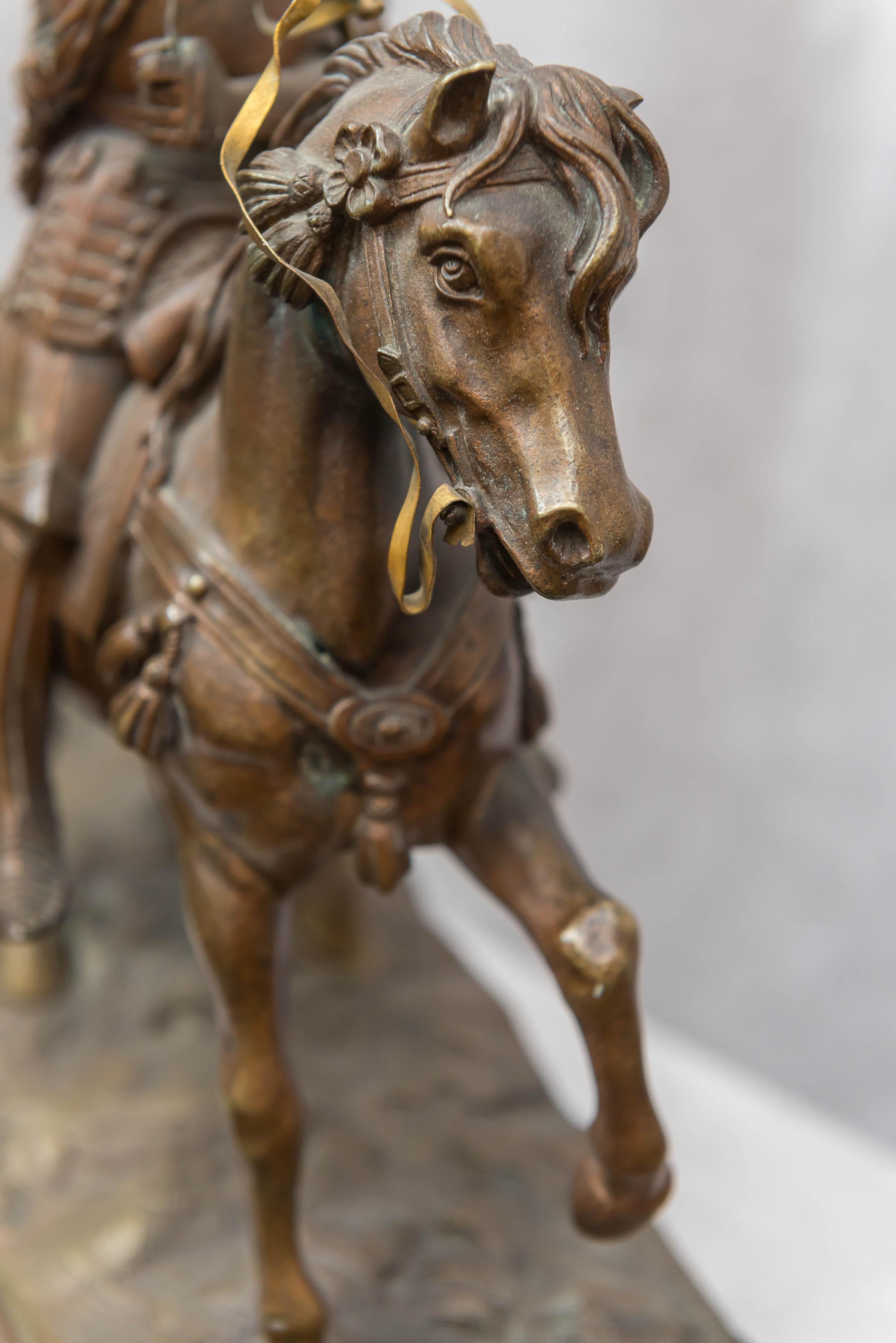 A very finely cast figure of a knight on a horse and mounted on a detailed bronze base. This example has all the elements for those who enjoy this subject matter. We are certain that this is late 19th century and French. For some reason unsigned.