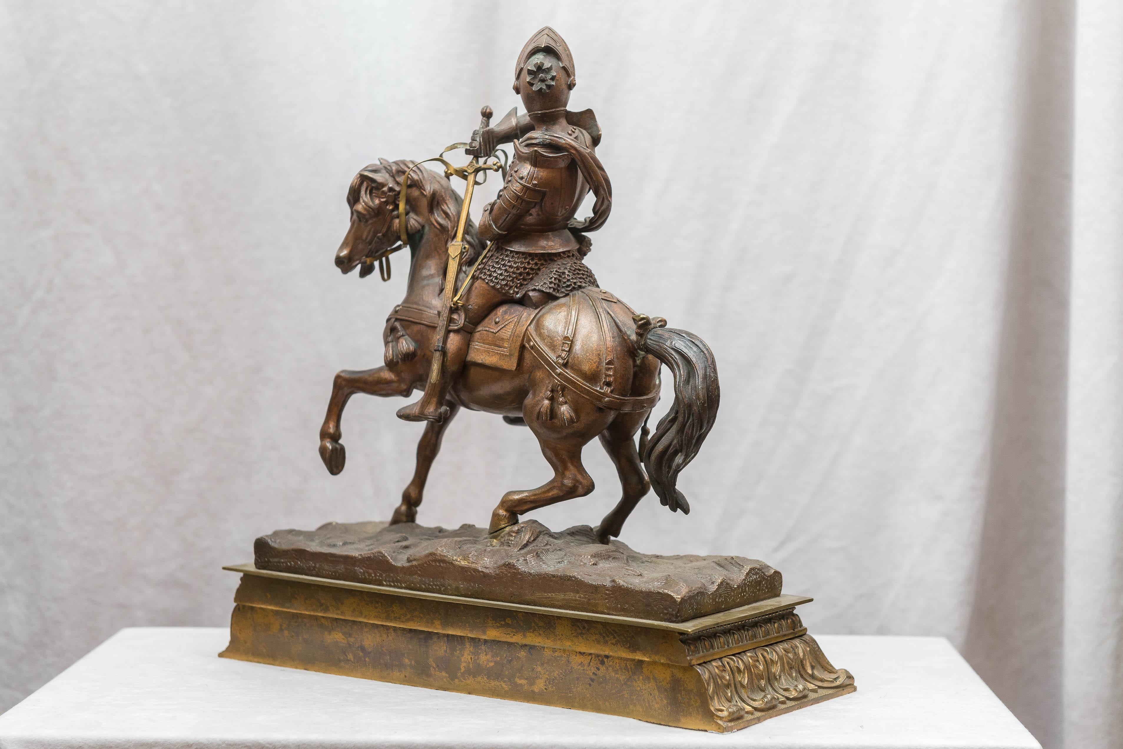 French Antique Bronze Figure of a Knight on a Horse