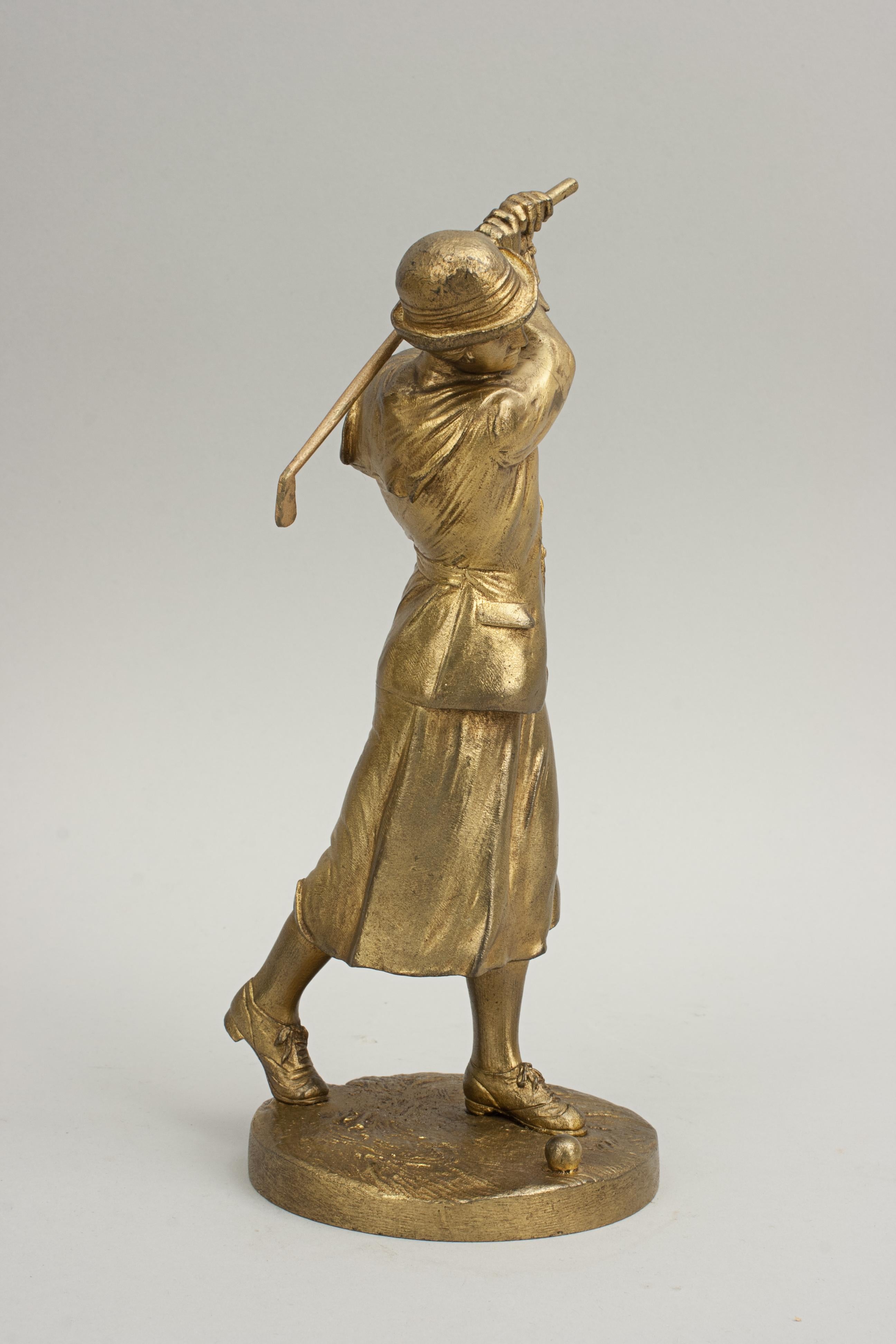 Sporting Art Antique Bronze Figure of a Lady Golfer For Sale
