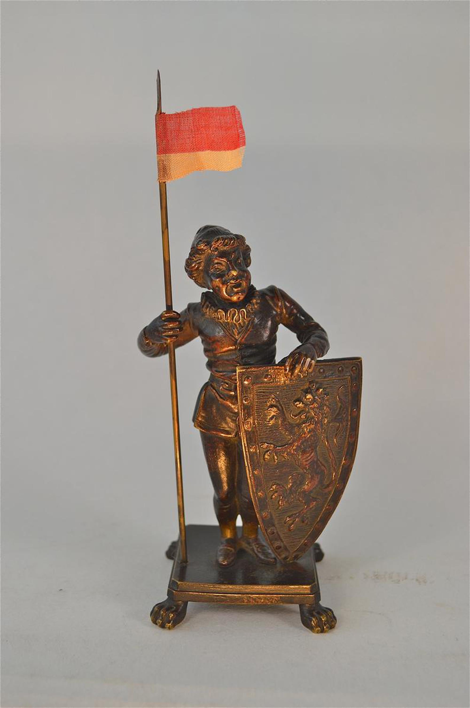 French Antique Bronze Figure of a Medieval Man Holding a Flag For Sale