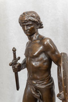 Antique Bronze Figure of a Young Handsome Warrior, Artist Signed
