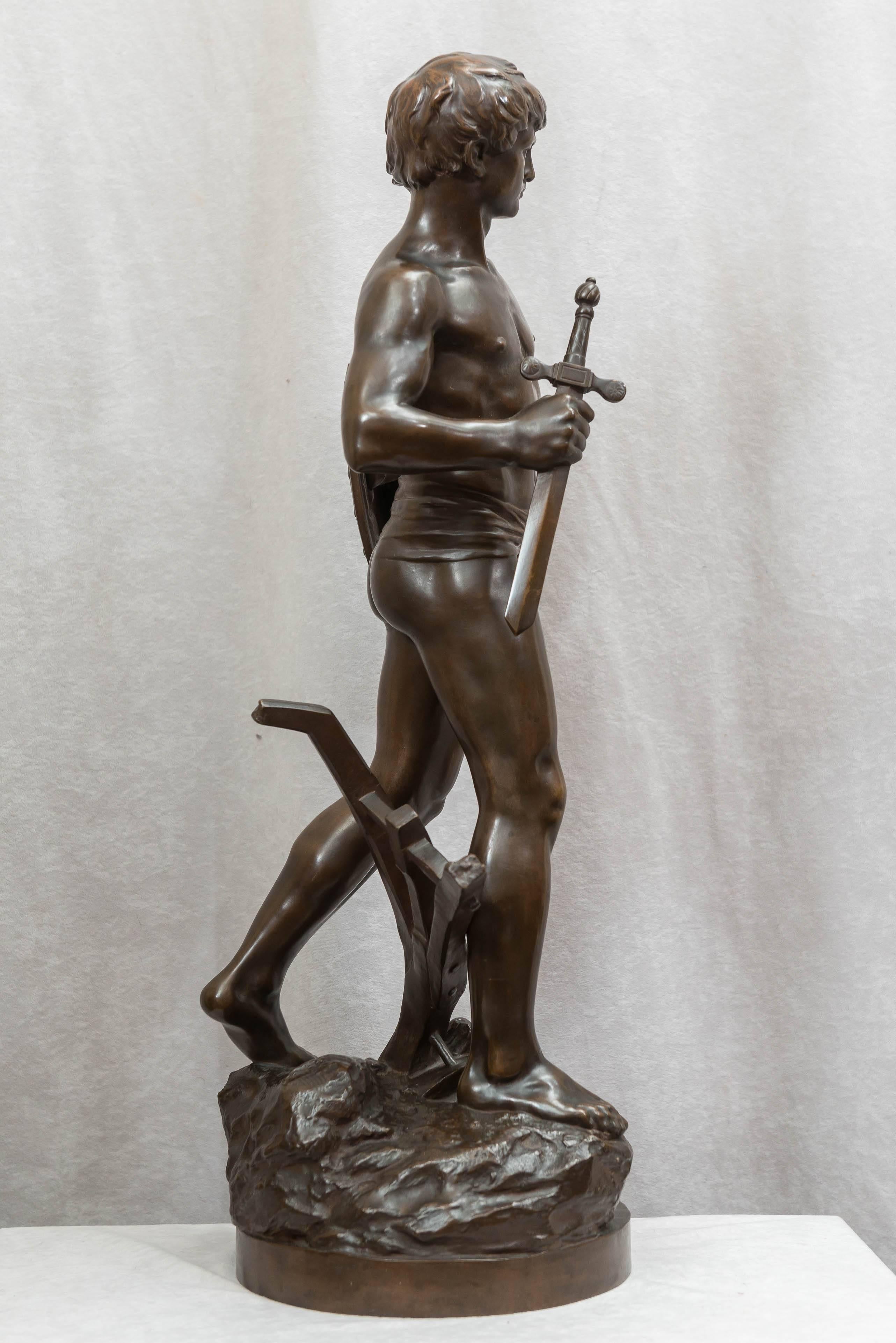 Antique Bronze Figure of a Young Handsome Warrior, Artist Signed 1