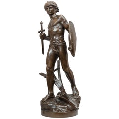 Antique Bronze Figure of a Young Handsome Warrior, Artist Signed