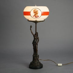 Antique Bronze Finished Figural Table Lamp with Portrait Glass Shade C1910
