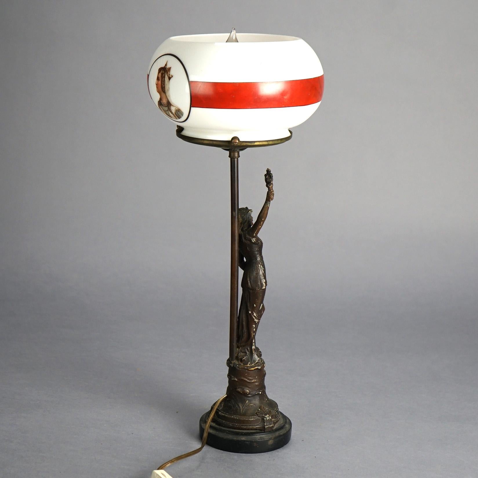 American Antique Bronze Finished Figural Table Lamp with Portrait Glass Shade C1910