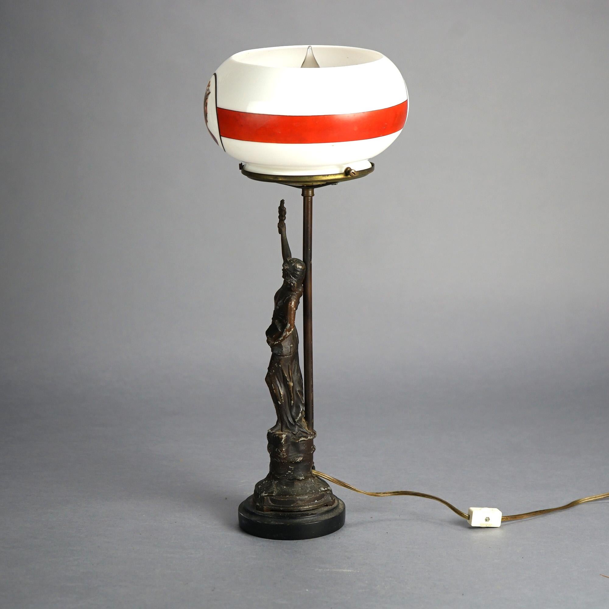 Antique Bronze Finished Figural Table Lamp with Portrait Glass Shade C1910 In Good Condition In Big Flats, NY