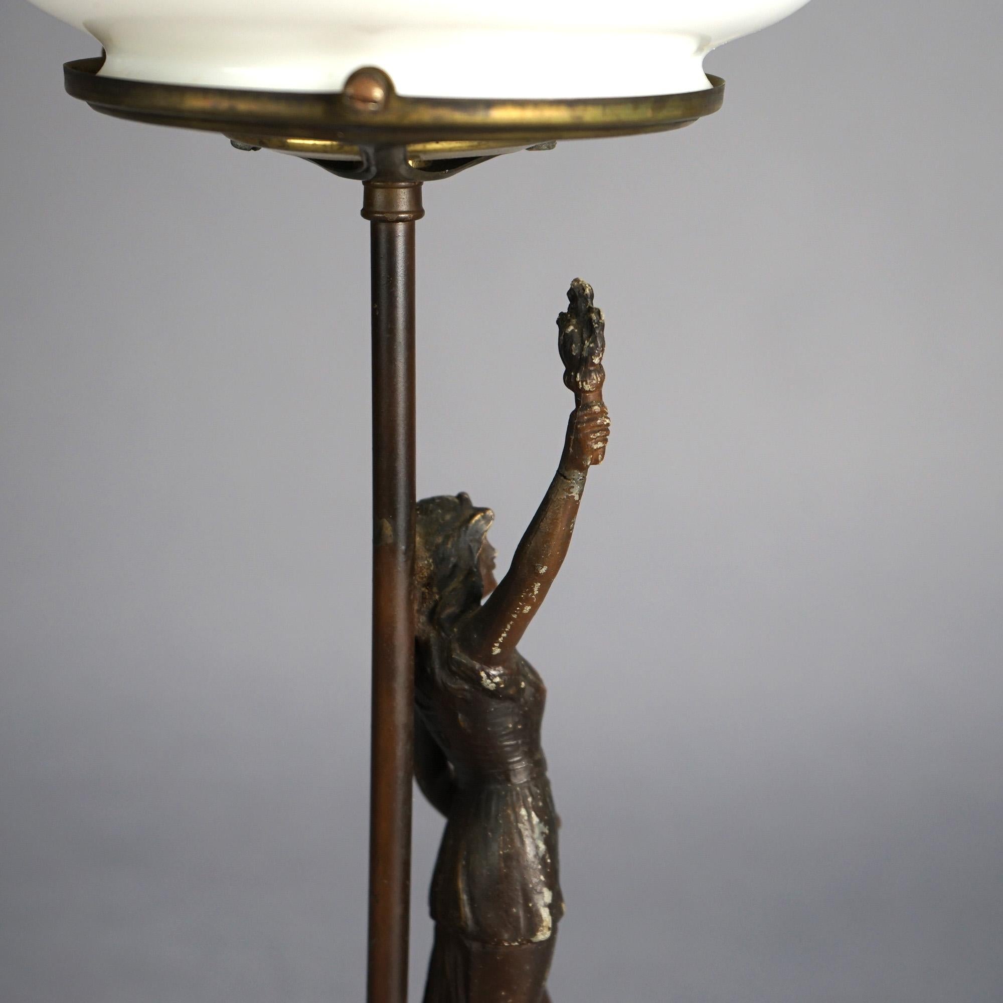 Antique Bronze Finished Figural Table Lamp with Portrait Glass Shade C1910 2
