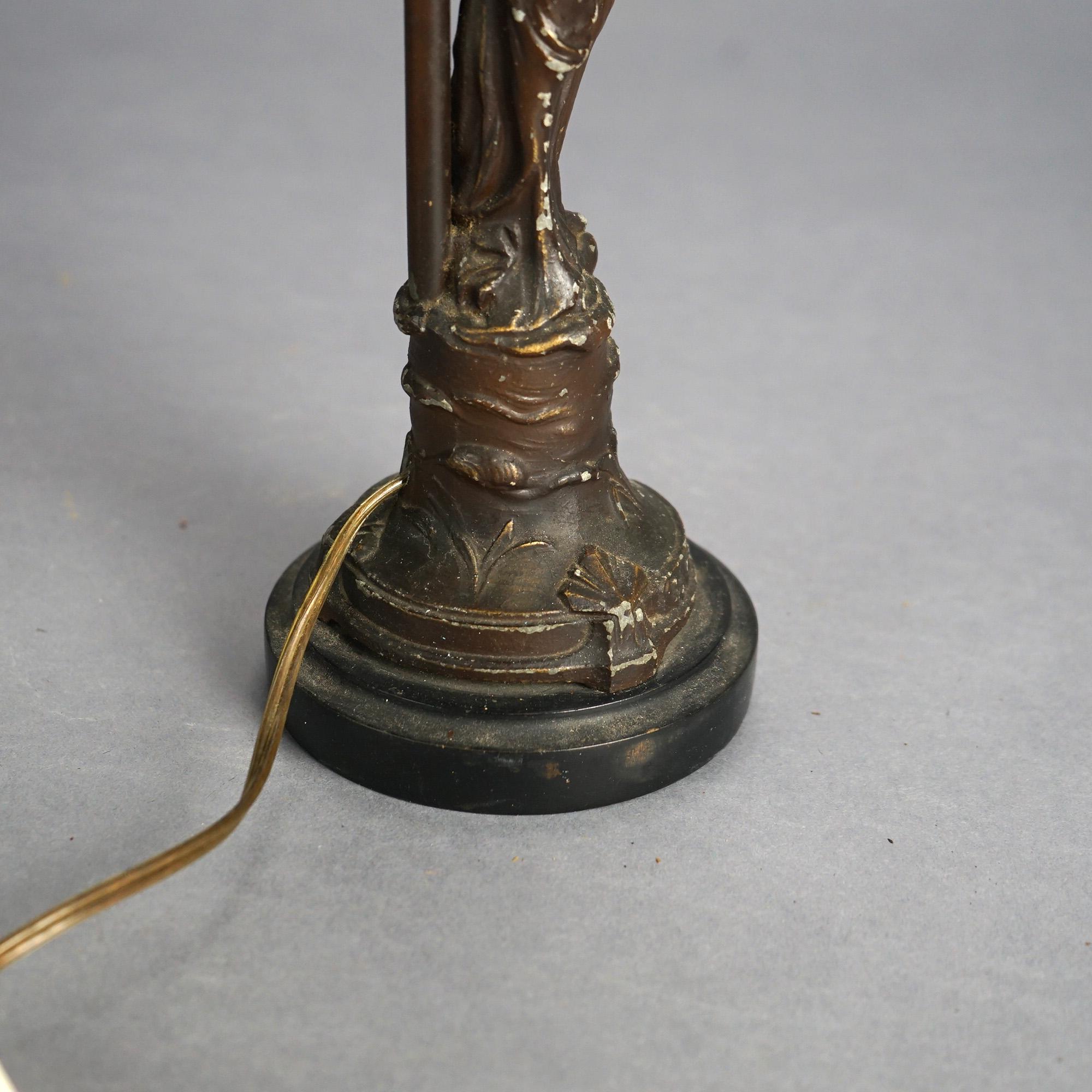 Antique Bronze Finished Figural Table Lamp with Portrait Glass Shade C1910 3