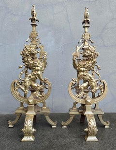 Monumental 19th Century French Bronze Lion Andirons