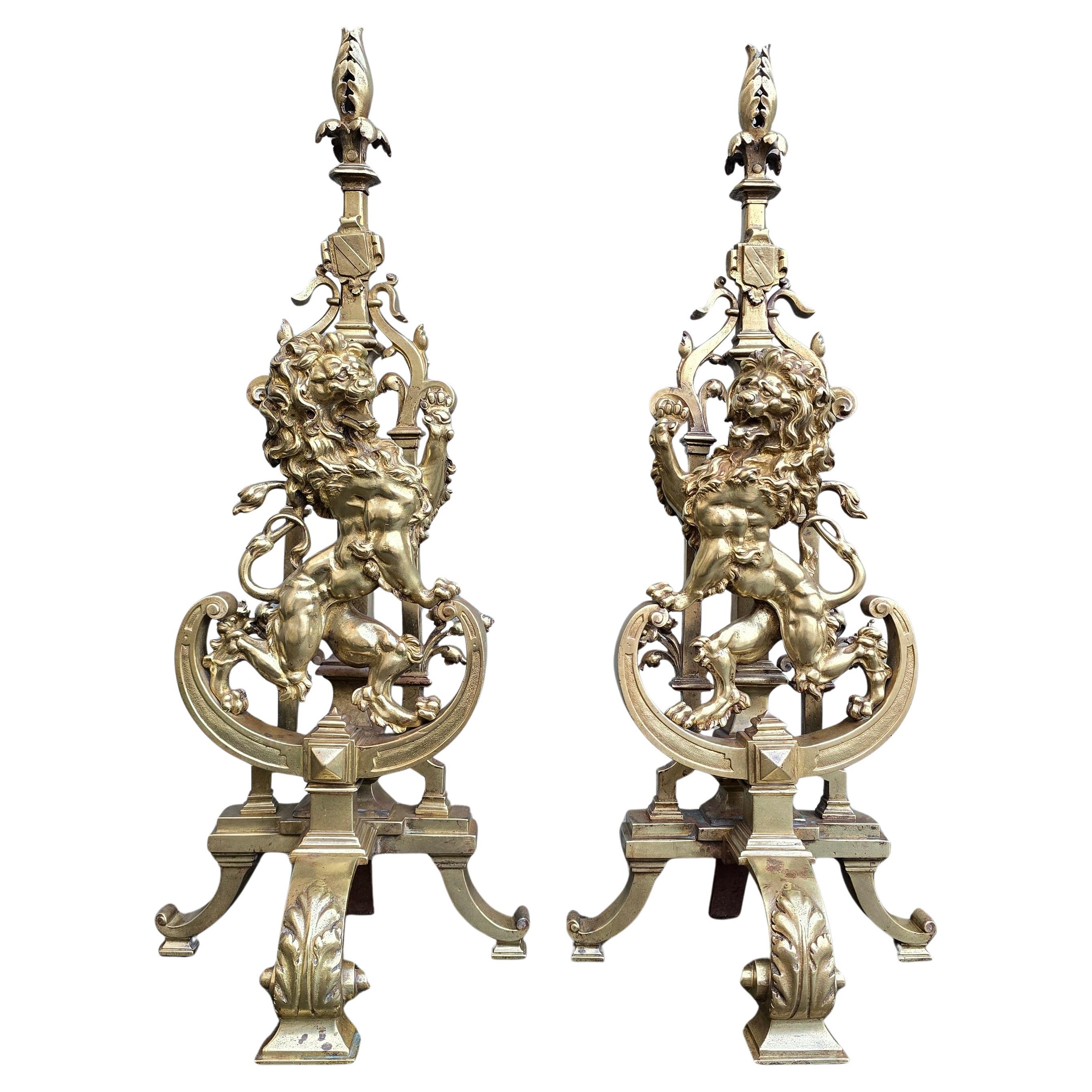 Antique Bronze Fireplace Set with Majestic Lion Chenets Andirons