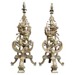Antique Bronze Fireplace Set with Majestic Lion Chenets Andirons