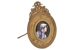 Antique Bronze Framed Enamel Portrait of Woman Girl