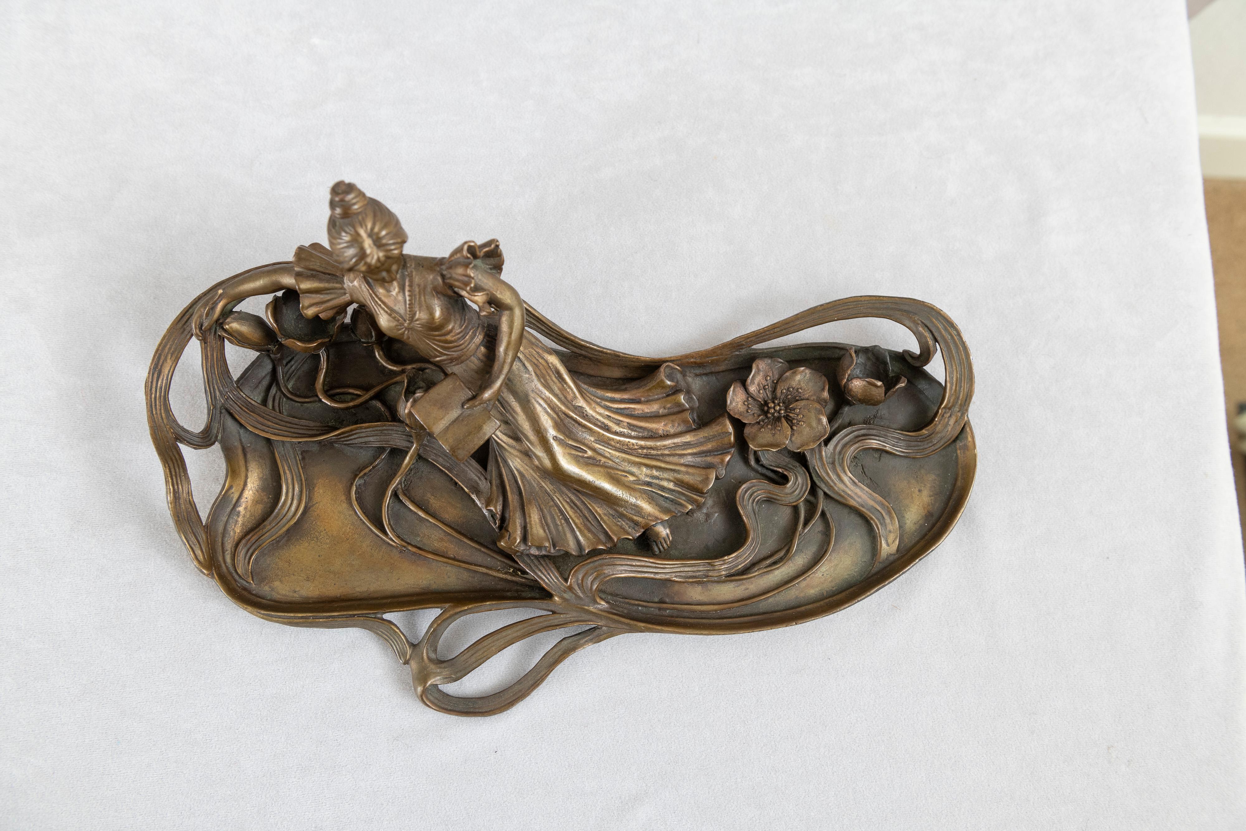 20th Century Antique Bronze French Vide-Poche 'Tray' w/ Lovely Maiden, ca. 1900