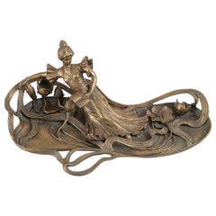 Antique Bronze French Vide-Poche 'Tray' w/ Lovely Maiden, ca. 1900