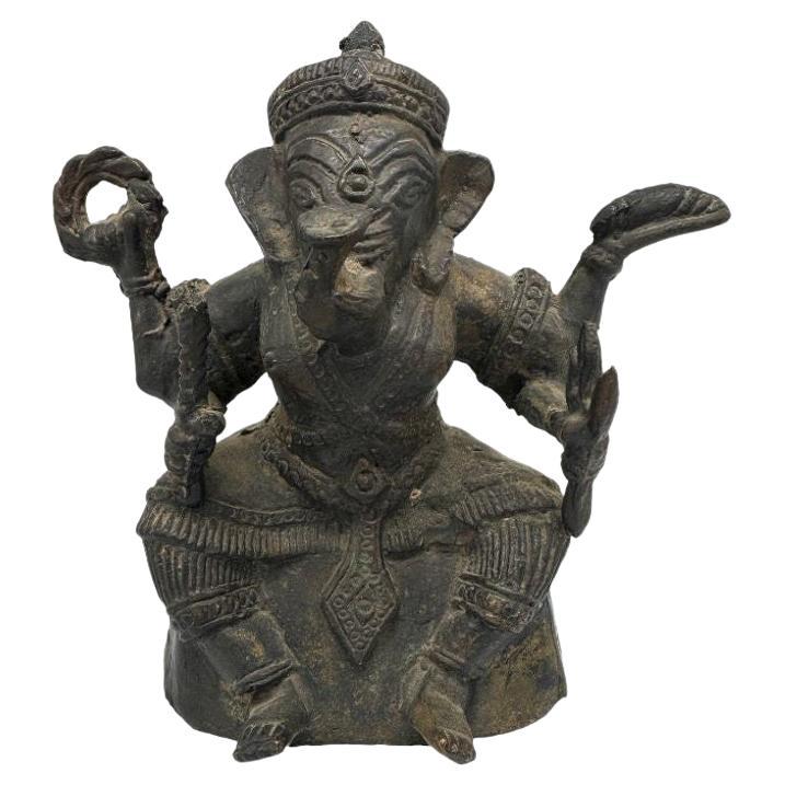 Antique Bronze Ganesha Seated Meditation Four Hands Hindu Ganapati Sculpture For Sale
