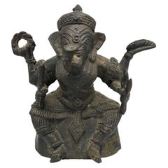 Vintage Bronze Ganesha Seated Meditation Four Hands Hindu Ganapati Sculpture