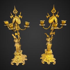 Antique Bronze-Gilt Knight Candelabra Pair, Late 19th Century Film Props