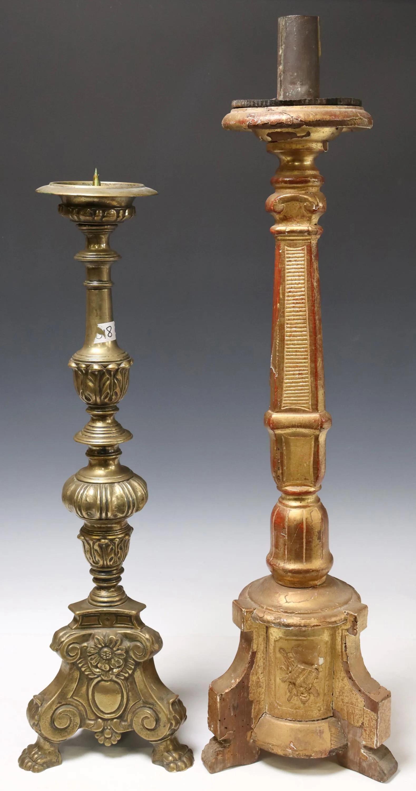 Two stunning antique Continental church altar candlesticks, late 19th c. 
Set includes;
1) Bronze candlestick, having turned form standard, rising on scrolled base, ending on paw feet. Cast bronze.
Dimensions
approx 24