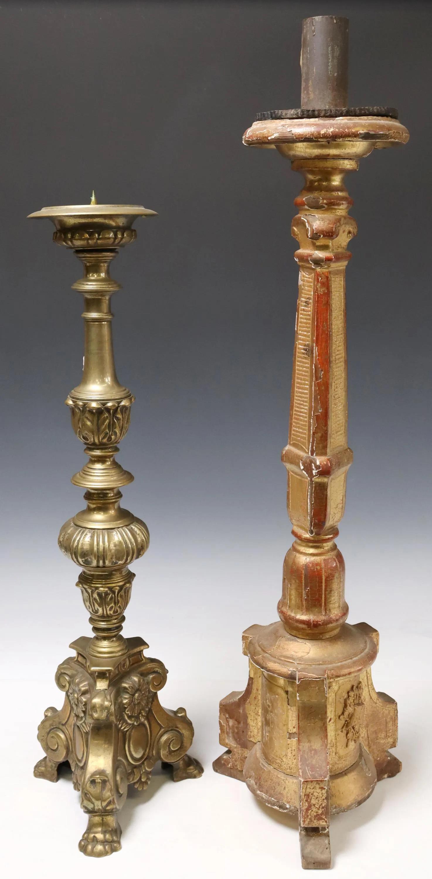 Antique Bronze & Giltwood Church Altar Candlesticks In Good Condition For Sale In Sheridan, CO